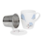 Porcelánový hrnek s nerez. sítkem a pokličkou - Ptáčci, 350 ml